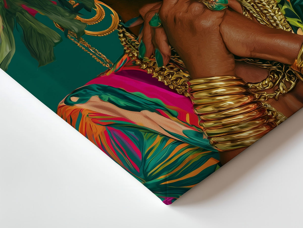 Close-up of the Woman with Hibiscus canvas: the texture and the image wrapping around the edge
