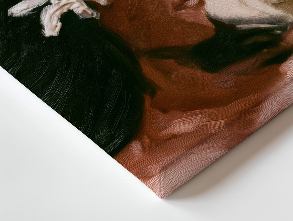 Close-up of the Woman with a Frangipani canvas: the texture and the image wrapping around the edge