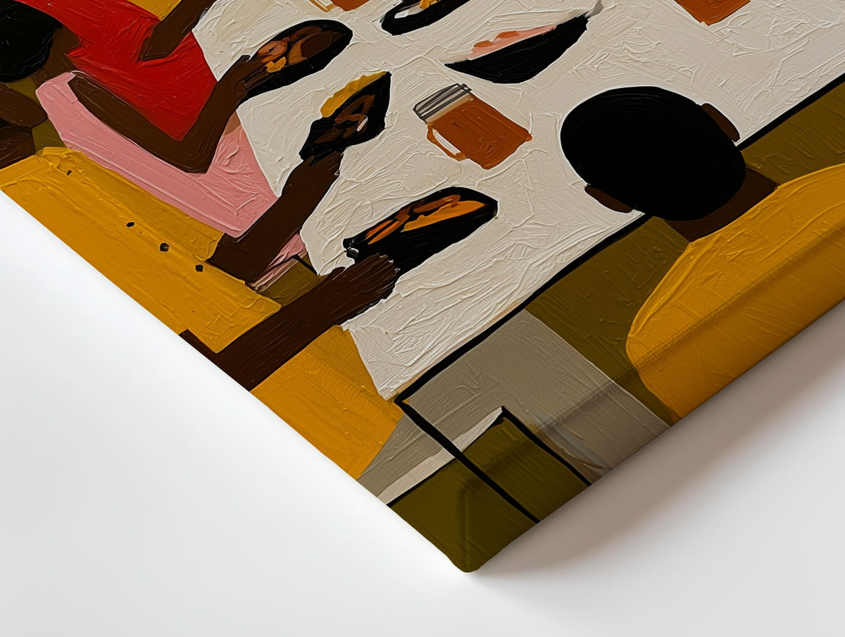 Close-up of the Supper Under the Pines canvas: the texture and the image wrapping around the edge