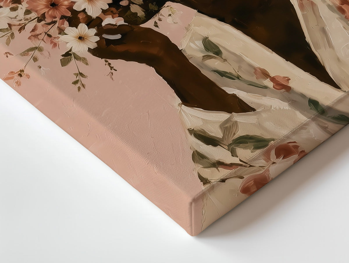 Close-up of the Full Bloom canvas: the texture and the image wrapping around the edge