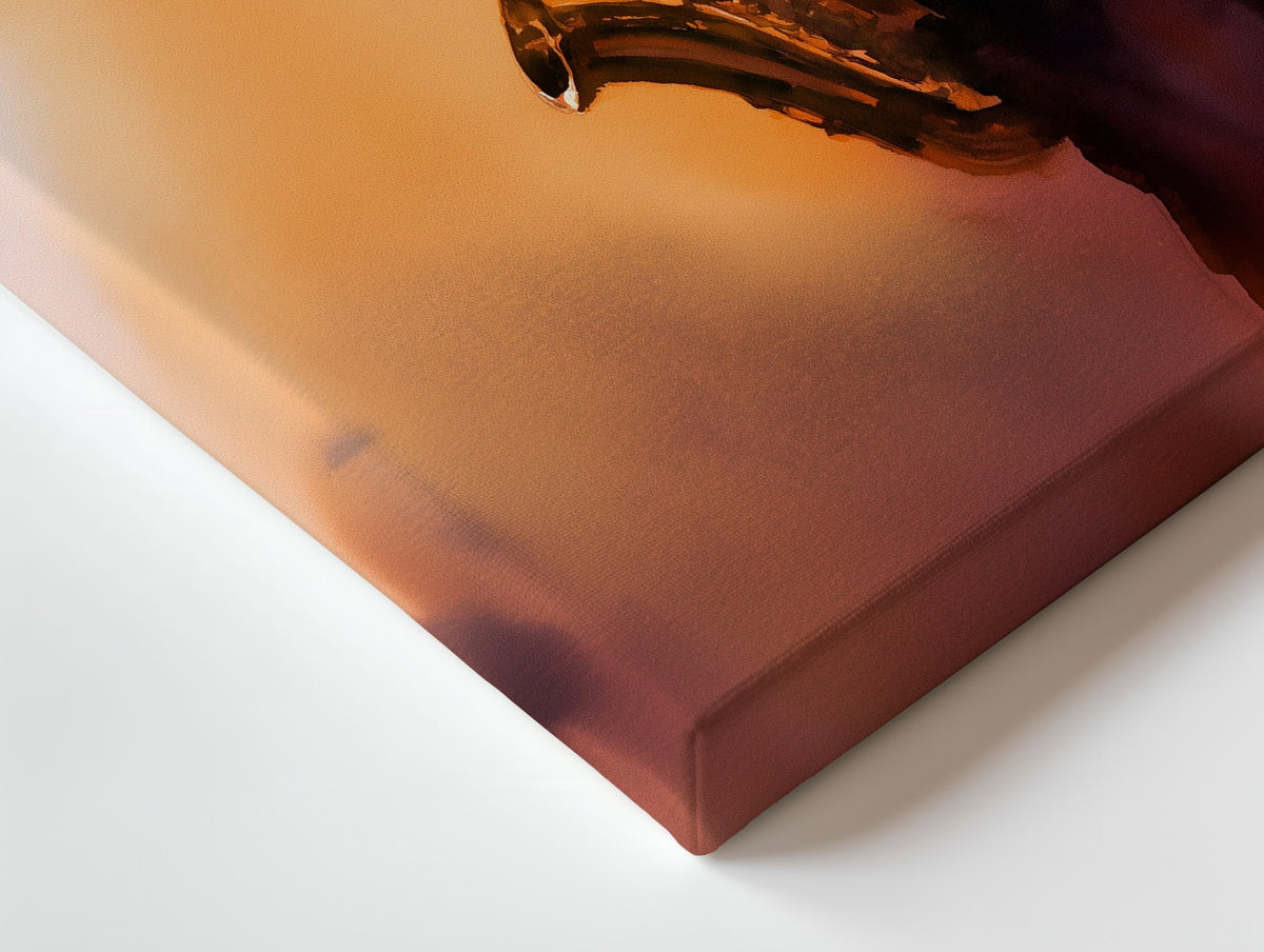 Close-up of the Breath and Brass canvas: the texture and the image wrapping around the edge