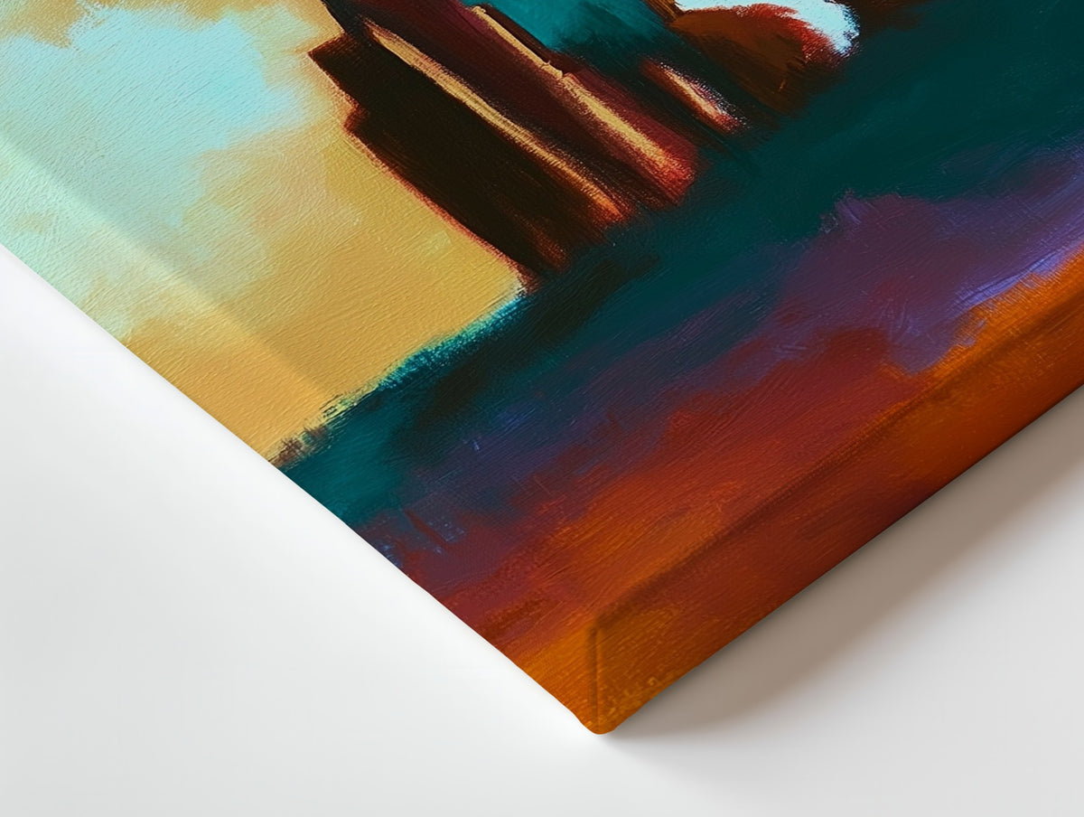 Close-up of the Homecoming canvas: the texture and the image wrapping around the edge