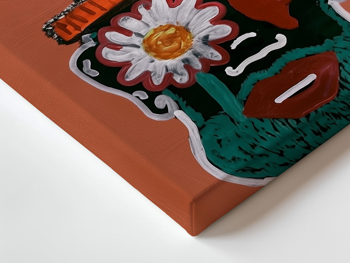 Close-up of the The Mask canvas: the texture and the image wrapping around the edge