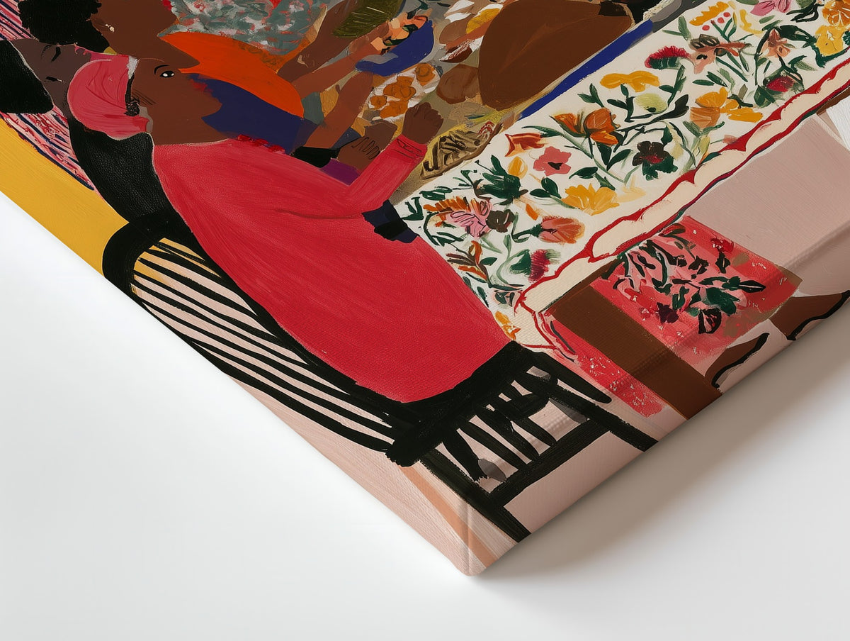 Close-up of the Everyone at the Table canvas: the texture and the image wrapping around the edge