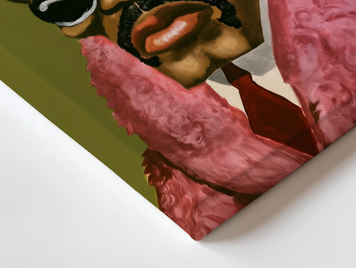 Close-up of the Gentleman in Pink Fur canvas: the texture and the image wrapping around the edge