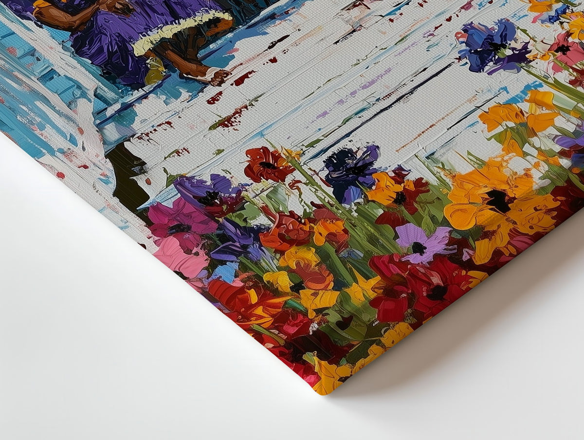 Close-up of the Front Porch Reunion canvas: the texture and the image wrapping around the edge