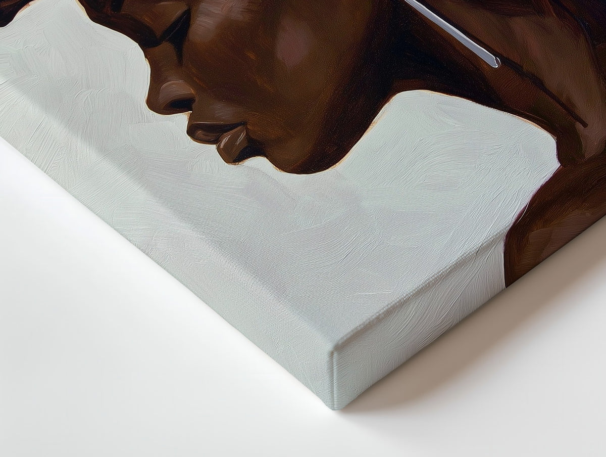 Close-up of the Profile in Umber canvas: the texture and the image wrapping around the edge