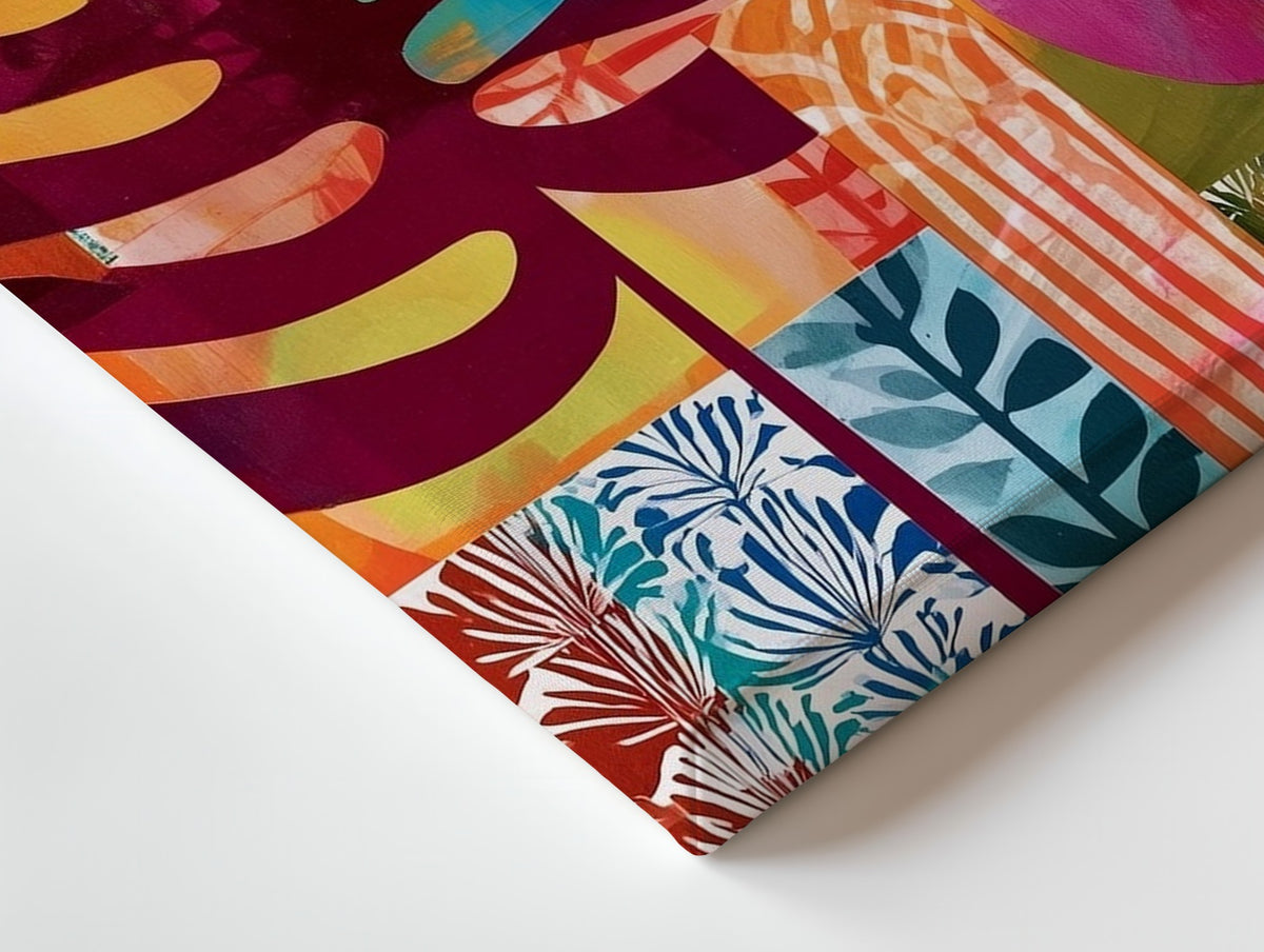 Close-up of the Tropic Reverie canvas: the texture and the image wrapping around the edge