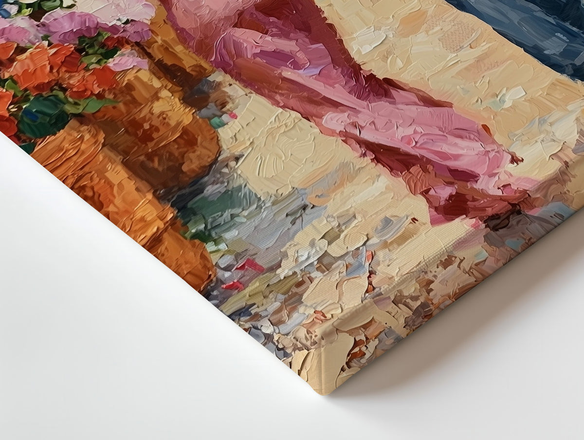 Close-up of the Through the Flower Market canvas: the texture and the image wrapping around the edge