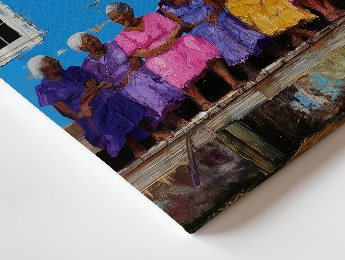 Close-up of the The Elders' Bench canvas: the texture and the image wrapping around the edge
