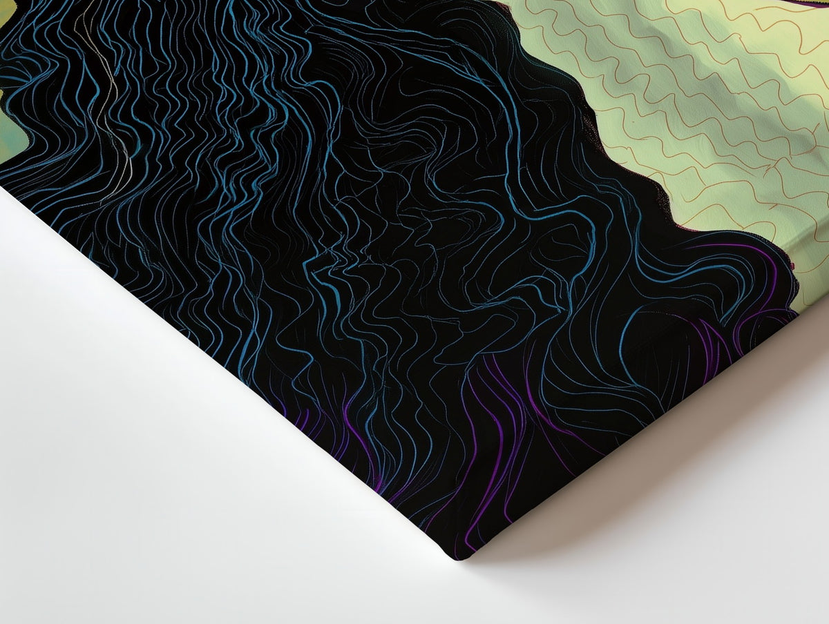 Close-up of the Undertow canvas: the texture and the image wrapping around the edge