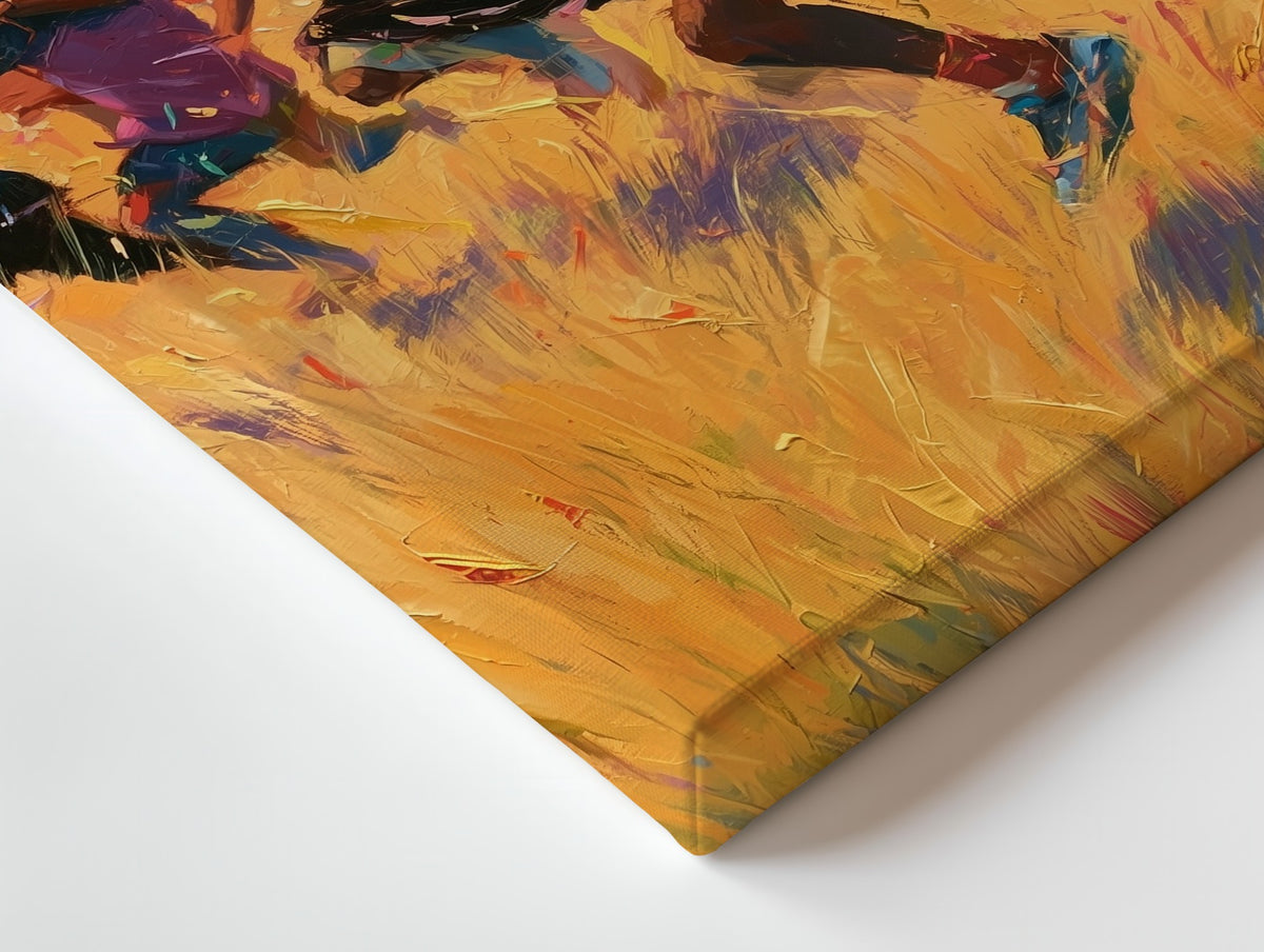 Close-up of the Summer Field Day canvas: the texture and the image wrapping around the edge