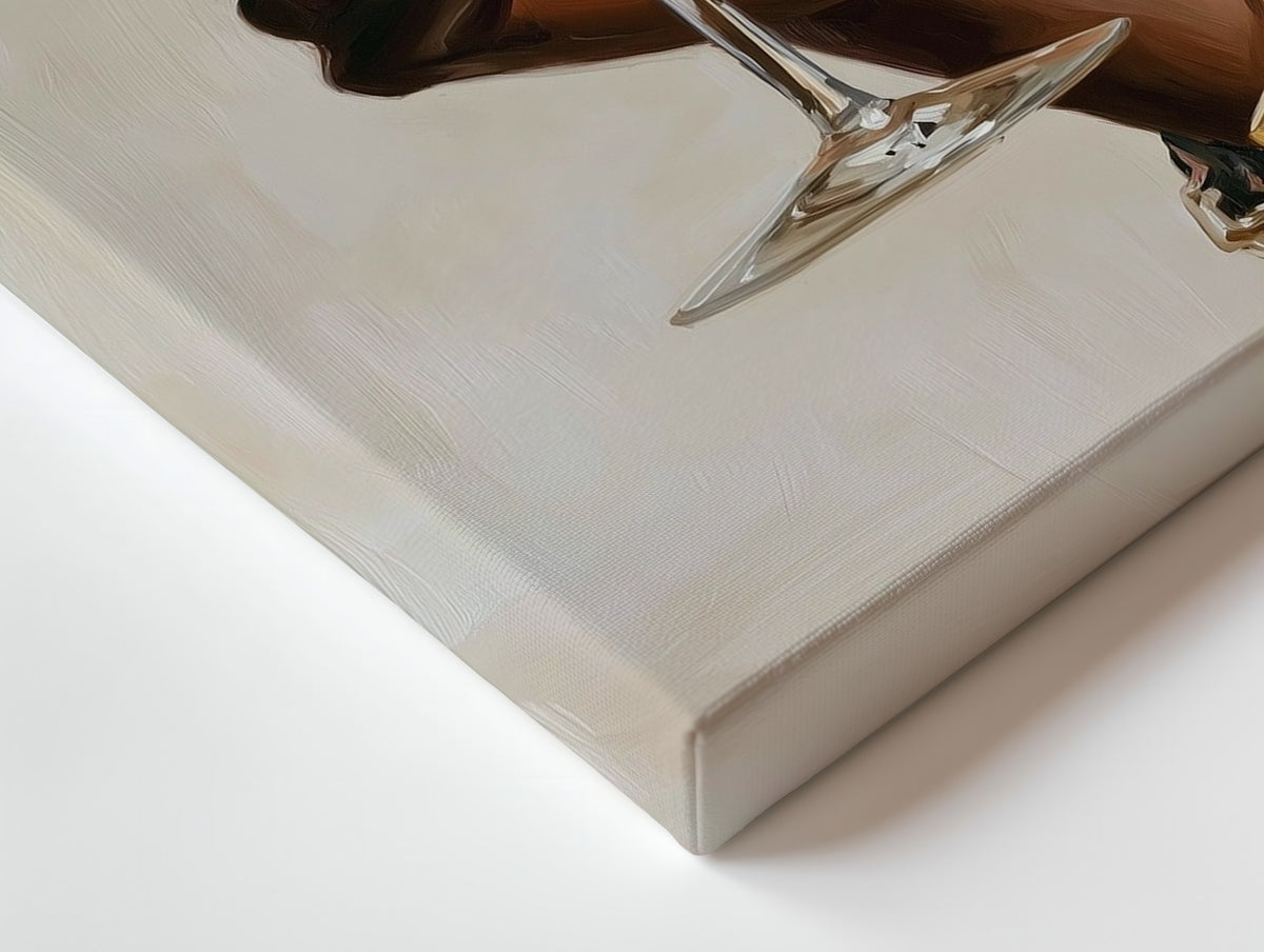 Close-up of the One Last Glass canvas: the texture and the image wrapping around the edge