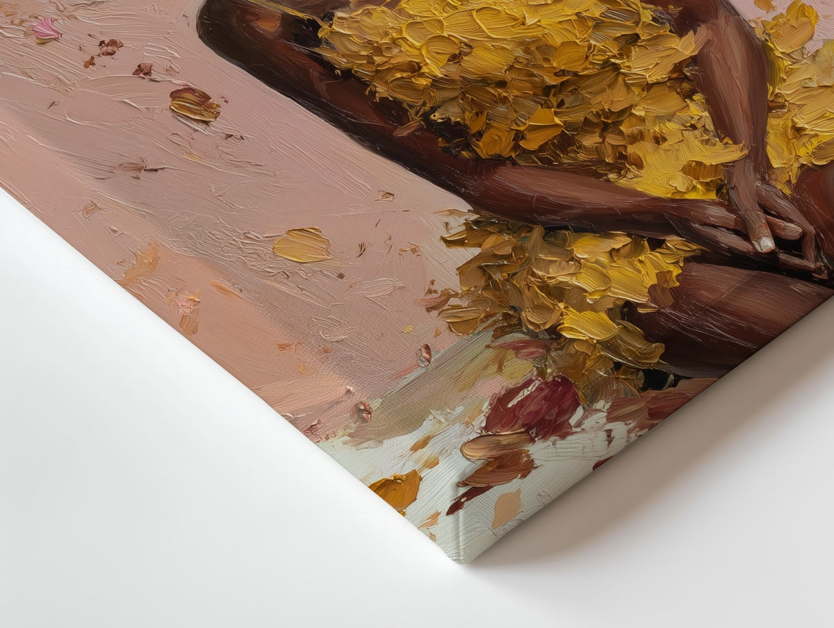 Close-up of the Petals Unbound canvas: the texture and the image wrapping around the edge