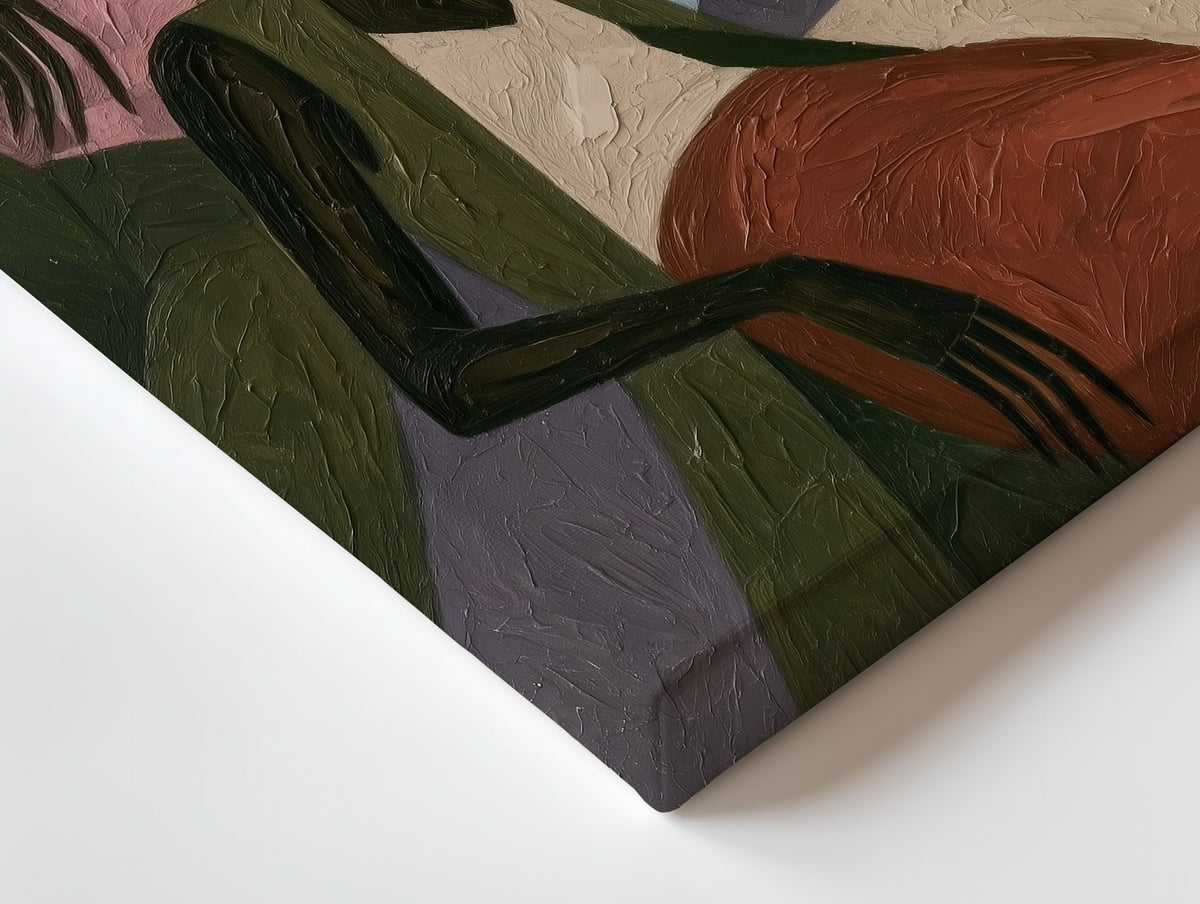 Close-up of the The Chess Players canvas: the texture and the image wrapping around the edge