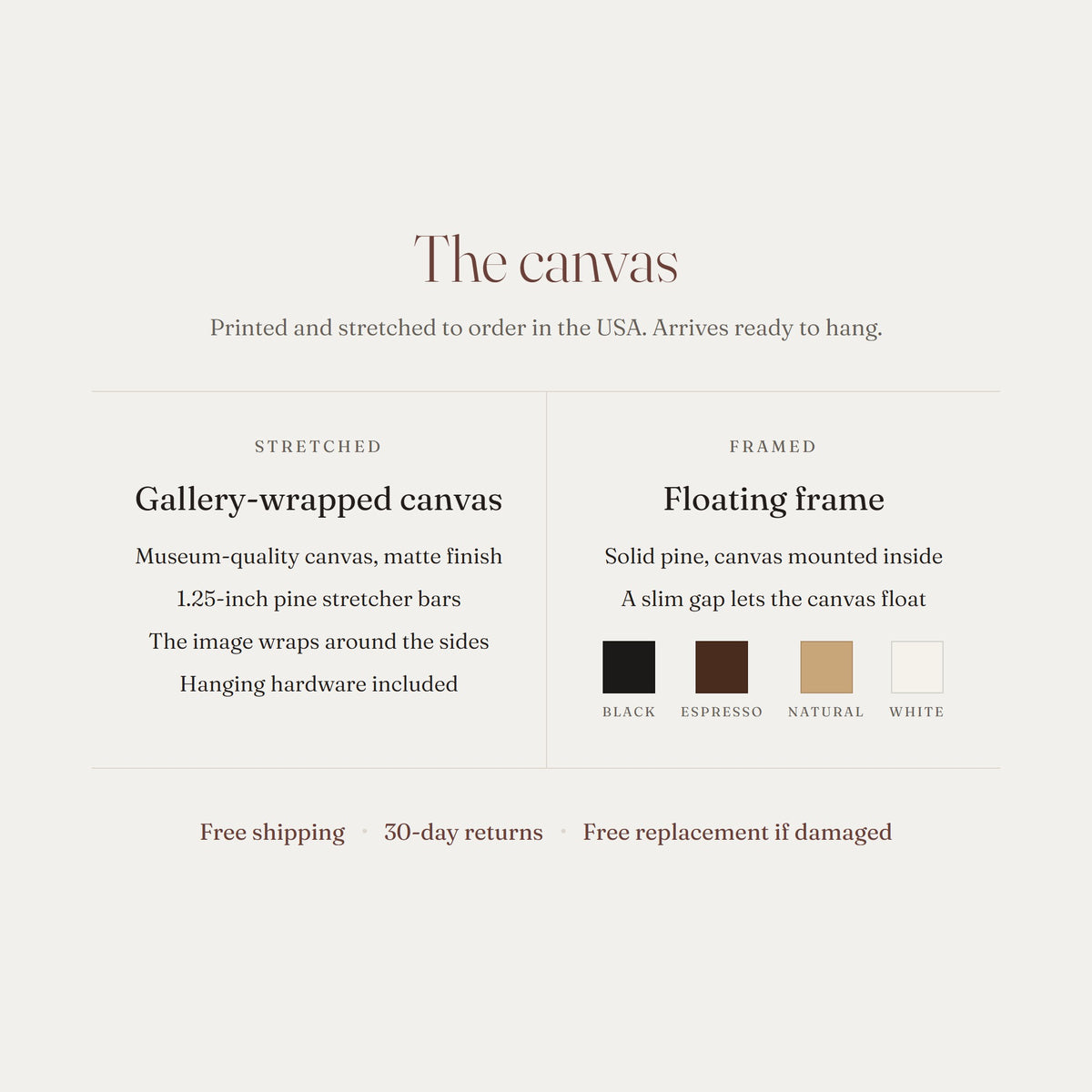 The canvas: gallery-wrapped matte canvas on 1.25-inch pine bars, or a solid pine floating frame in black, espresso, natural or white